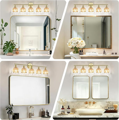Vintage Bathroom Light Fixtures,5-Light Hardwired Vanity Lights with Amber Tulip Glass Shade,Gold Bathroom Vanity Light for Mirror Restroom,E26 Socket,33.46 in(Bulbs Not Included)