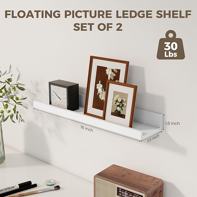 Axeman Floating Shelves | Picture Ledge Shelf Set of 2 | White Wall Shelves with Lip | White Picture Shelf for Wall with Ledge | Photo Ledges 16 Inch