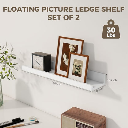 Axeman Floating Shelves | Picture Ledge Shelf Set of 2 | White Wall Shelves with Lip | White Picture Shelf for Wall with Ledge | Photo Ledges 16 Inch