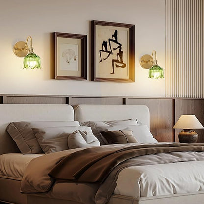 Battery Operated Wall Sconce with Green Glass Shade, Modern Wall Lamp Fixtures Decor Set of 2, Rechargeable Battery Powered Wall Light with Remote Control for Bedside, Bedroom, Doorway