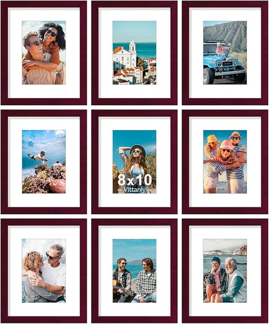 Vittanly 8x10 Picture Frames Set of 9, Shatter Resistant Plexiglass, Display 5x7 Pictures with Mat or 8x10 without Mat, Photo Frames for Wall or Tabletop, Engineered Wood, Cherry Red