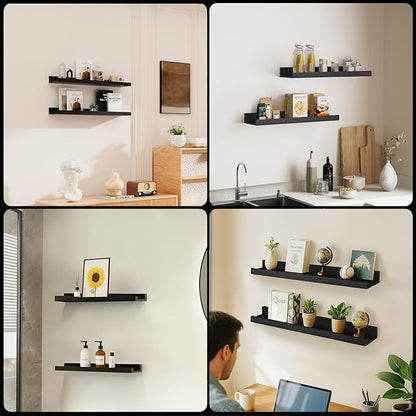 24inch Floating Picture Ledge Shelves 2-Pack, Black Wall Mounted Shelves with Lip for Nursery, Kids Room, Living Room & Bedroom, Sturdy Floating Book Shelves for Photo Frames & Decor