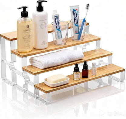 junyuan Bamboo Bathroom Organizers and Storage,Spice Rack Organizer for Cabinet,4 Tier Perfume Organizer for Bedroom,Seasoning Countertop Shelf for Kitchen,Display Shelves Racks,Clear 11.2"
