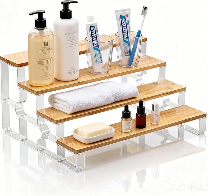 junyuan Bamboo Bathroom Organizers and Storage,Spice Rack Organizer for Cabinet,4 Tier Perfume Organizer for Bedroom,Seasoning Countertop Shelf for Kitchen,Display Shelves Racks,Clear 11.2"