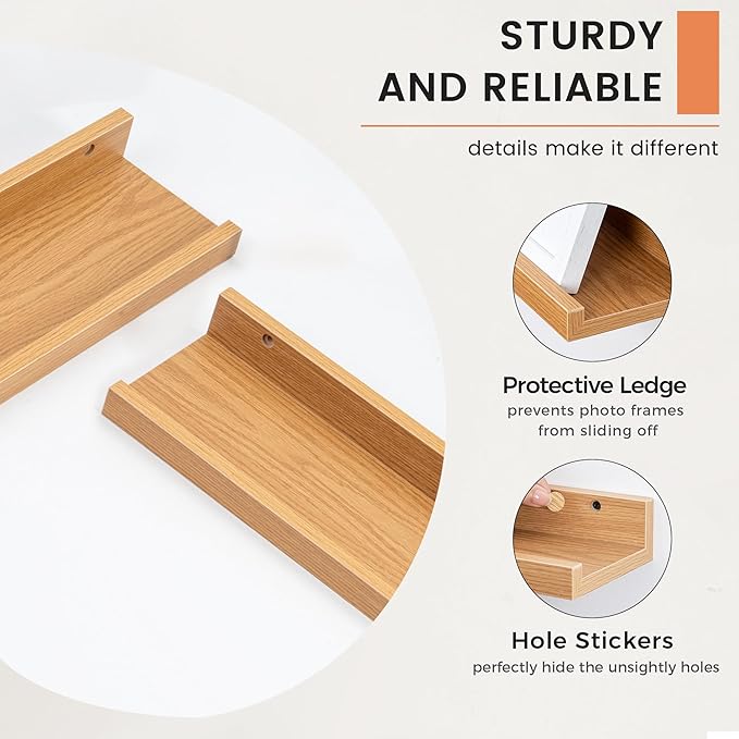 Picture Ledge Shelf, Floating Shelves Set of 2, 24 Inches Nursery Book Shelves for Toys Storage, Kids Bookshelf Wall Mounted for Living Room Bedroom Decor Books Photo Frames, Natural Oak