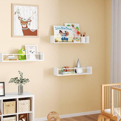 Fixwal Wood Nursery Book Shelves, 16.5 Inch Floating Bookshelves for Wall Set of 3, Baby Kids Decor, Solid Wood Wall Mounted Shelves for Books, Toys and Decor Storage (White)