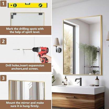Gold Bathroom Mirror, 24"x36" Rectangle Mirror, Brushed Gold Mirror, Metal Frame Square Corner Vanity Mirror, Wall Mounted Mirror for Modern, Living Room, Bedroom, Horizontal Or Vertical