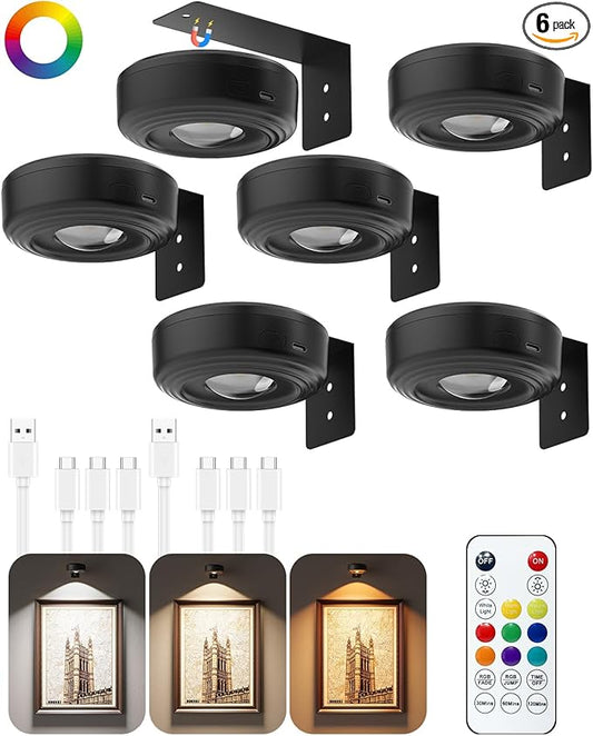 Picture Lights for Wall, 2000mAh Rechargeable Magnetic Poster Lights with Remote, 3 Color Temps & RGB Dimmable Timer, Wall Decor Light for Art Display, Frame (6 Pack)