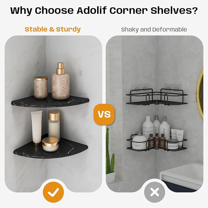 Black Marble Corner Shower Shelf, 9 Inch Marble Corner Shelf for Bathroom Shower Decor, Wall Mounted, Polished, 2 Pcs
