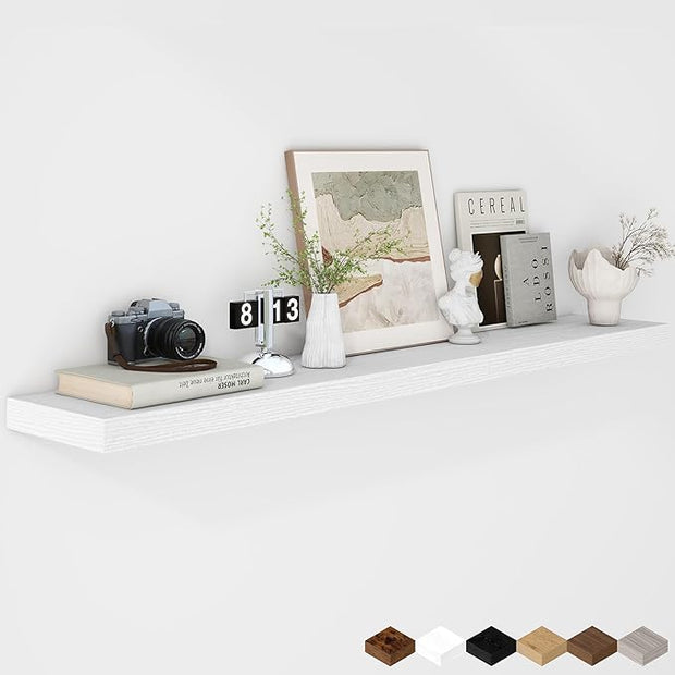 Fun Memories 55 Inch Floating Shelves - 9 Inch Deep Rustic Wooden Wall Shelves - Extra Deeper & Thicker Wall Mounted Storage Shelf for Living Room, Kitchen, Farmhouse - 55" W x 9" D x 1.8" H - White