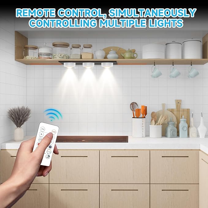 LED Puck Lights with Remote Control, Wireless Under Cabinet Lighting,Color Changing Lights with Dimmer and Timer, AAA Battery Operated Powered Push Night Lights (6 Pack White)