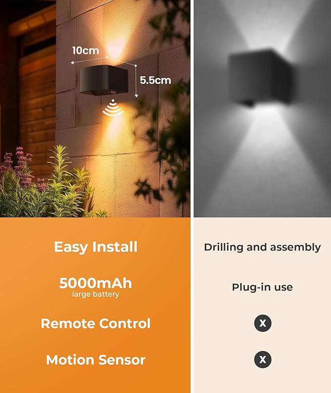 FULEN Motion Sensor Wall Light with Remote Control 3 Colors Wireless Wall Lamp LED Indoor Up and Down Wall Sconce 5000mAh Rechargeable Battery Powered Wall Lamps Brightness Adjustable, Black 2 Pack