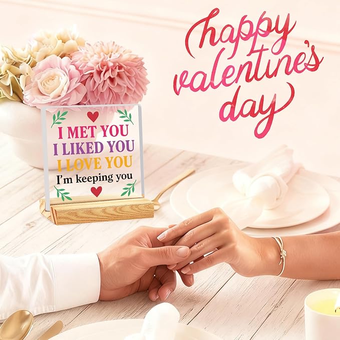 Valentines Desk Decor, Happy Valentine's Day Home Office Table Sign for Porch Tiered Tray Shelf Party, Rustic Romantic Acrylic Gifts Decorations for Him Her Wife, I Met You