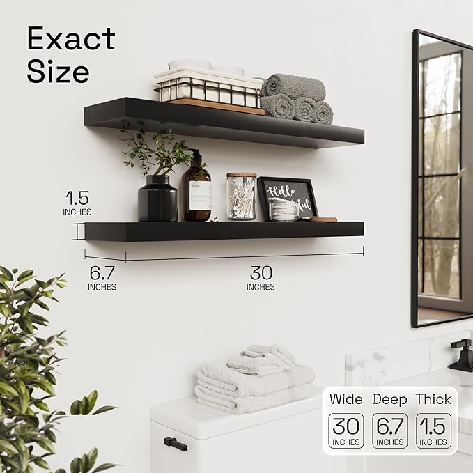 BAOBAB WORKSHOP Solid Wood Floating Shelves for Wall 30 Inches Long, Real Wooden Bathroom Shelf Large, Heavy Duty Wall Shelves Mounted Kitchen Bedroom, Black Shelf, 30W × 6.7D, Set of 2