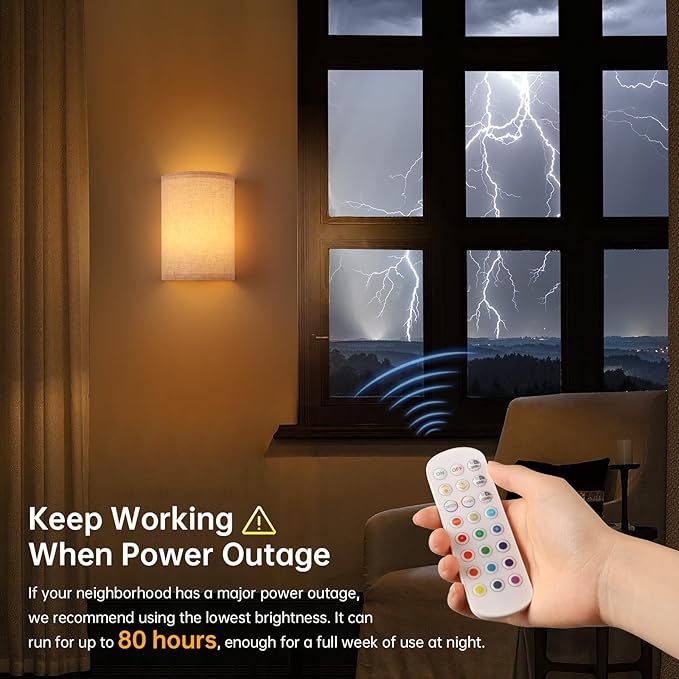 Battery Operated Wall Sconce Set of 2, Rechargeable 6000mAh Magnetic Bulb, No Drill Stick On Cordless Wall Light, RGB & 3 Color Temperatures Dimmable with Linen Shade for Bedroom Living Room
