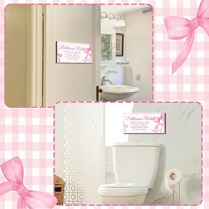 Jetec 2 Pieces Funny Bathroom Signs Bathroom Wall Decor Toilet Wall Accessories Farmhouse Toilet Rustic Wooden Signs, 12x6 Inch(Pink Bow Style)