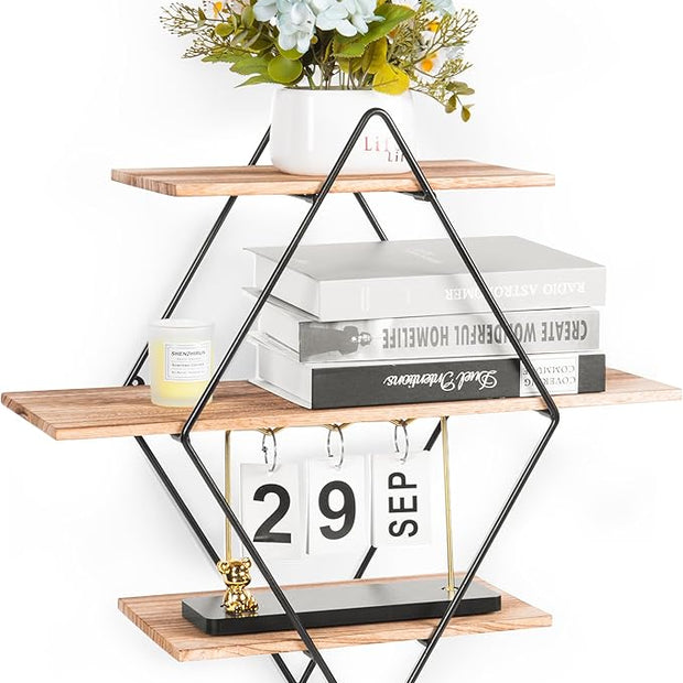 Modern Wooden Floating Wall Shelf Decor for Wall Storage – Geometric Design Decorative Wall Mount 3-Tier Hanging Shelf Plant Display for Bedroom, Living Room, Bathroom, Kitchen