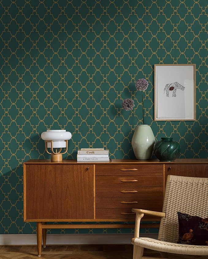 Timeet Modern Wallpaper Peel and Stick Geometric Gold and Green Contact Paper 17.7"x393.7" Removable Self Adhesive Wallpaper for Bedroom Living Room Wall Decor Vinyl