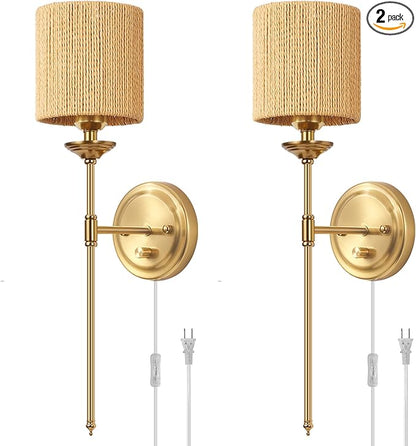Rattan Plug in Wall Sconces Set of 2, Gold Bedside Dimmable Wall Lamp with Knob Dimmer Switch and 6.5FT Electric Cord, Boho Bathroom Wall Light Fixture for Bedroom Living Room