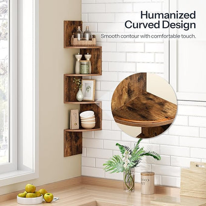 HOOBRO Corner Shelf Wall-Mounted, Set of 2 Floating Corner Shelves for Wall, 4-Tier Corner Bookshelves for Living Room, Bedroom, Bathroom, Home Office, Rustic Brown BF25BJP201