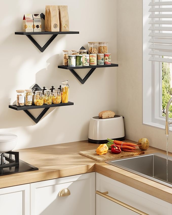 Floating Shelves for Wall, Set of 3 Wall Mounted Storage Shelves for Living Room, Bedroom, Kitchen, Bathroom, Black TBJ03P3BB