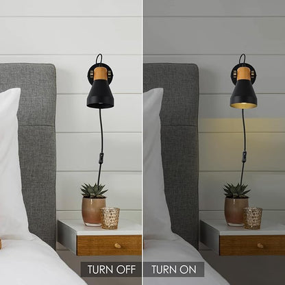 Modern Plug-in Wall Sconces - Adjustable Reading Light with Real Wood Accent, Matte Black Wall Lamp for Bedroom, Living Room, Apartment, Home Office