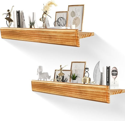 32 Inch Picture Ledge Shelf with Lip,Floating Shelves for Wall, Set of 2 Solid Pine Wood Shelves with Invisible Brackets, Wall Storage for Living Room, Bedroom, Kitchen, Bathroom(Carbonized Brown)