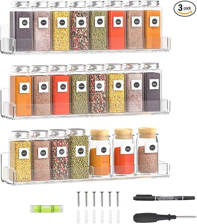 15 Inch Acrylic Spice Rack Wall Organizer Set of 3, Clear Wall Shelf for Home Organizer, Bottle Display, Jars, Spice, Wine, Books, Toiletries, 3 Pack