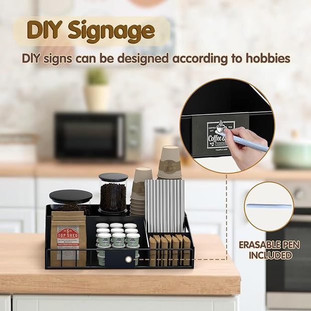 Metal Coffee Station Organizer for Countertop, 2-Pcs Coffee Bar Organizer with Designable DIY Logo, K Cup Pods Holder & Tea Condiment Storage - Rustic Breakroom Kitchen Decor Balck