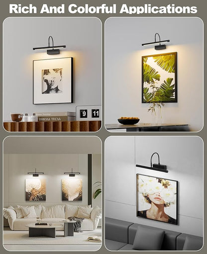 Picture Light, 5000mAh Battery Rechargeable Wall Sconce,16 inch Black Art Painting Light with Remote Dimmable, 3 Color temperatures & Timmer Art Lights for Paintings,Picture Frame,Gallery