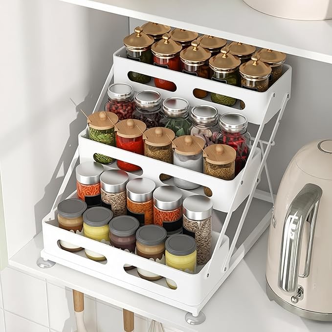 3 Tier Foldable Spice Rack for Countertop Iron Kitchen Seasoning Organizer for Cabinet, White
