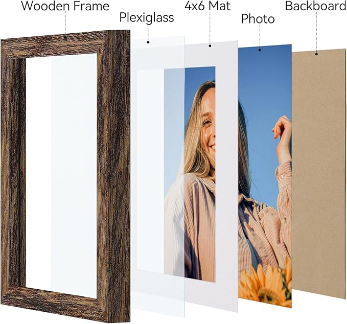Vittanly 5x7 Picture Frames Set of 4, Display Pictures 4x6 with Mat or 5x7 without Mat, Photo Frames for Wall or Tabletop Display, Engineered Wood with Shatter Resistant Plexiglass, Rustic Brown