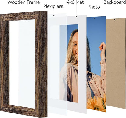 Vittanly 5x7 Picture Frames Set of 4, Display Pictures 4x6 with Mat or 5x7 without Mat, Photo Frames for Wall or Tabletop Display, Engineered Wood with Shatter Resistant Plexiglass, Rustic Brown