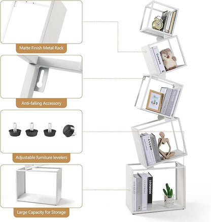 Bookshelf, Metal Bookcase 5-Tier 67", Modern Unique Floor Corner Book Shelf, Display Storage Bookcase for Living Room, Bedroom, Office, Home Decor