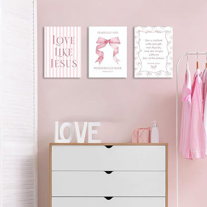 Coquette Pink Bow Wall Art Set of 3, Light Pink Bow Dorm Room Wall Decor Paintings, Inspirational Scripture Verses Canvas Posters Prints Pictures for Girls Dorm Room Bedroom Bathroom 16x24 Inch Framed
