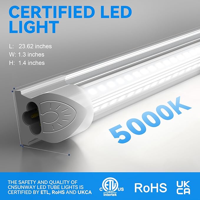 CNSUNWAY LED Shop Lights 2FT, 20W 5000K Daylight White Under Cabinet Lighting, V-Shaped Linkable T8 Tube Light Fixtures, Shop Light for Workbench, Kitchen, Workshop, ETL Listed(6 Pack)