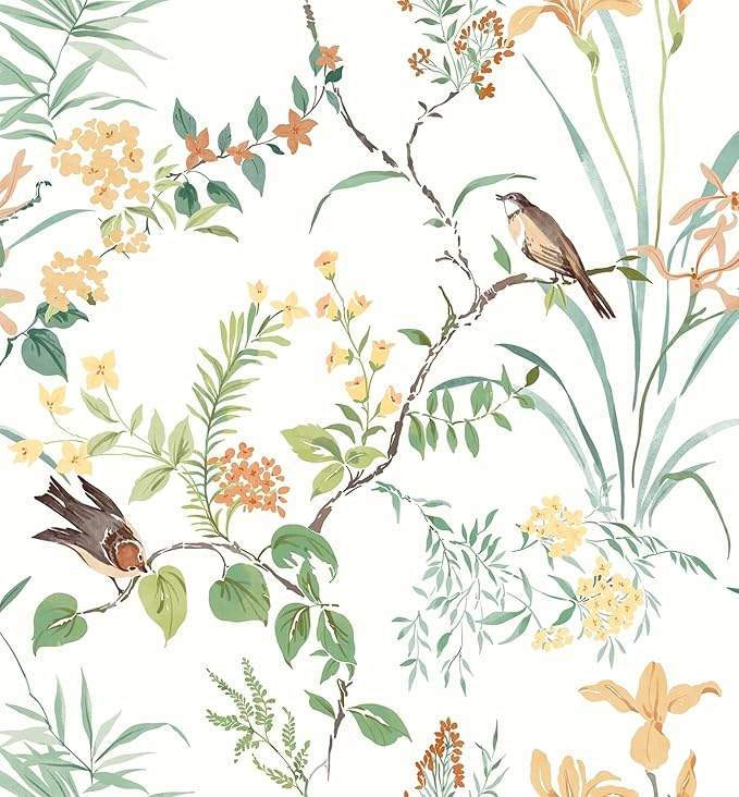 Erfoni 16.9" x118" Boho Floral Peel and Stick Wallpaper Colorful Floral and Birds Contact Paper DIY Self Adhesive Removable Wallpaper for Bedroom Cabinet Decor Modern Flower Leaf Wall Paper Vinyl Roll