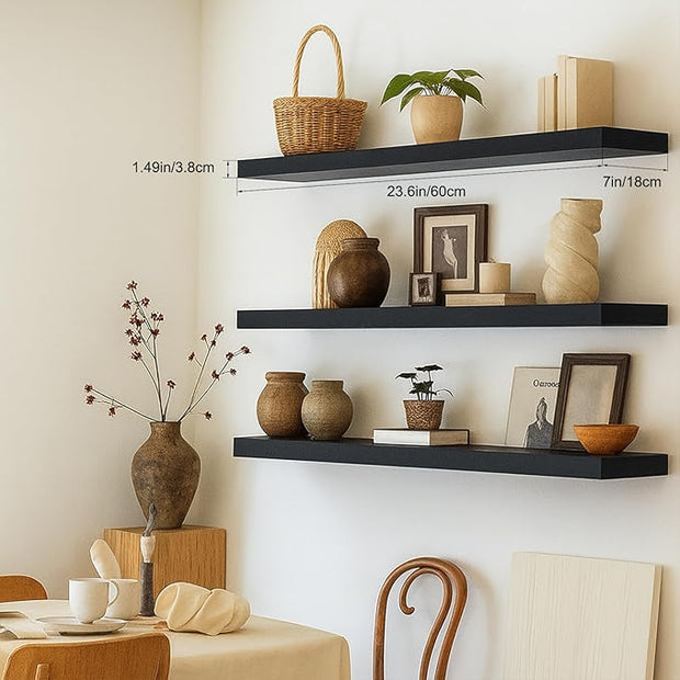 Floating Shelves for Wall, Bathroom Shelves Over Toilet, Wall Shelves & Book Shelf for Room, Hanging Shelf, Modern Wooden Mounted Floating Shelves, 24x7x1.5 in (Black, Set of 3)