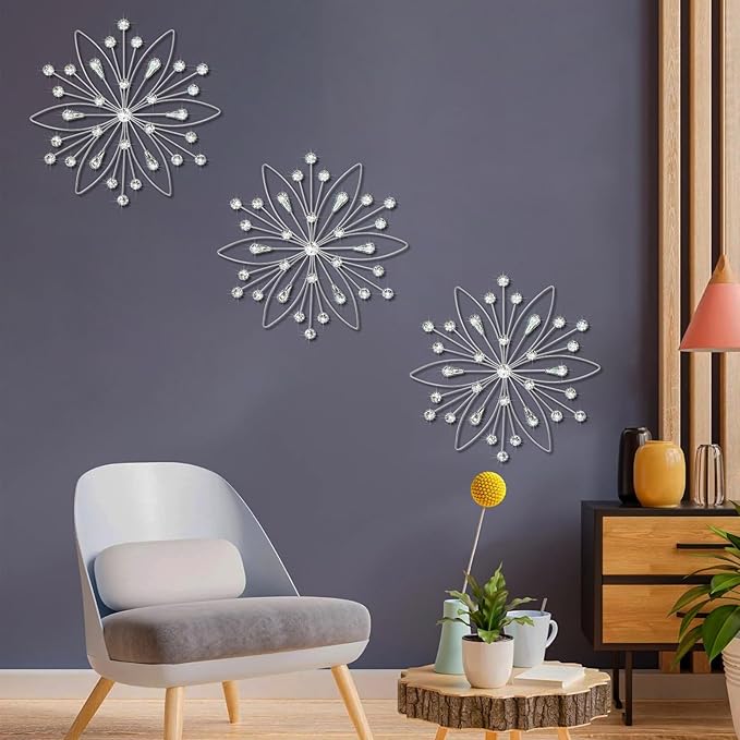 ZEXUIRU 3 Pack Silver Sunburst Wall Decor – Metal Crystal Wall Art with Sparkling Rhinestones, 14’’/18 Inch Starburst Wall Hanging Set for Living Room Bedroom Bathroom – Modern Bling Home Decorations