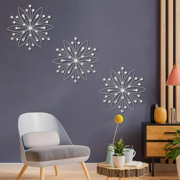 ZEXUIRU 3 Pack Silver Sunburst Wall Decor – Metal Crystal Wall Art with Sparkling Rhinestones, 14’’/18 Inch Starburst Wall Hanging Set for Living Room Bedroom Bathroom – Modern Bling Home Decorations