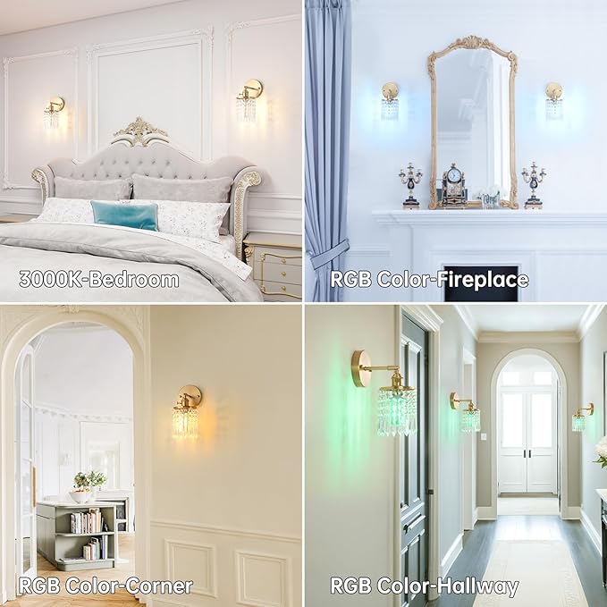 Set of 2 Crystal Battery Operated Wall Sconce, Rechargeable Battery Powered Wall Lamp with Remote Control, Modern Dimmable Wireless Wall Lights for Bedroom Bathroom(Transparent, Gold Base)