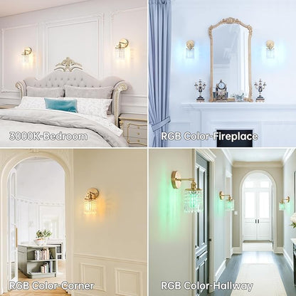 Set of 2 Crystal Battery Operated Wall Sconce, Rechargeable Battery Powered Wall Lamp with Remote Control, Modern Dimmable Wireless Wall Lights for Bedroom Bathroom(Transparent, Gold Base)