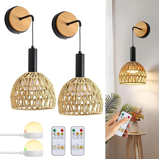 Rattan Wall Sconce, Wall Sconces Set of Two Battery Operated with Remote Control, 3 Colors Dimmable,Boho Upgrade Rechargeable Sconces Set of 2 for Bedroom, Living Room, Entryway (Black)