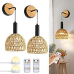 Rattan Wall Sconce, Wall Sconces Set of Two Battery Operated with Remote Control, 3 Colors Dimmable,Boho Upgrade Rechargeable Sconces Set of 2 for Bedroom, Living Room, Entryway (Black)