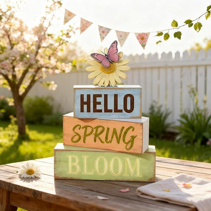 Spring Decoration Wooden Tiered Tray Decor – Rustic Hello Spring Bloom Stacked Block Sign with Butterfly Daisy Topper – Farmhouse Tabletop Spring Decor for Living Room Shelf Kitchen Coffee Bar Seasonal Home Display