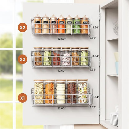 5 Pack Spice Rack Seasoning Organizer Wall Mount, Screw or Adhesive Hanging Shelf Basket Spice Organizer Shelf for Kitchen, Silver