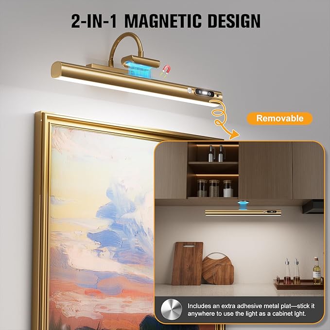 15.7'' Picture Lights for Wall with Motion Sensor, 9000mAh Rechargeable Battery Operated Poster Lights for Paintings, Portraits, Wall Decor, Gold(2pcs)