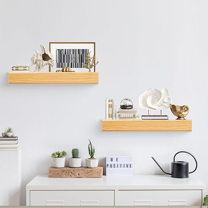 24 Inch Picture Ledge Shelf with Lip,Floating Shelves for Wall, Set of 2 Solid Pine Wood Shelves with Invisible Brackets, Wall Storage for Living Room, Bedroom, Kitchen, Bathroom(Nature Wood)