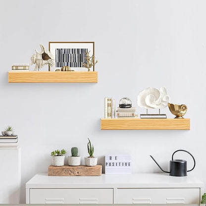 24 Inch Picture Ledge Shelf with Lip,Floating Shelves for Wall, Set of 2 Solid Pine Wood Shelves with Invisible Brackets, Wall Storage for Living Room, Bedroom, Kitchen, Bathroom(Nature Wood)