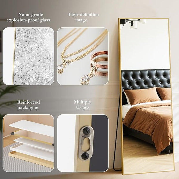 OLIXIS Full Length Mirror 59"x16.3" for Bedroom, Full Body Mirror with Stand, Hanging or Leaning for Wall, Aluminum Alloy Thin Frame Floor Standing for Living Room, Long, Gold